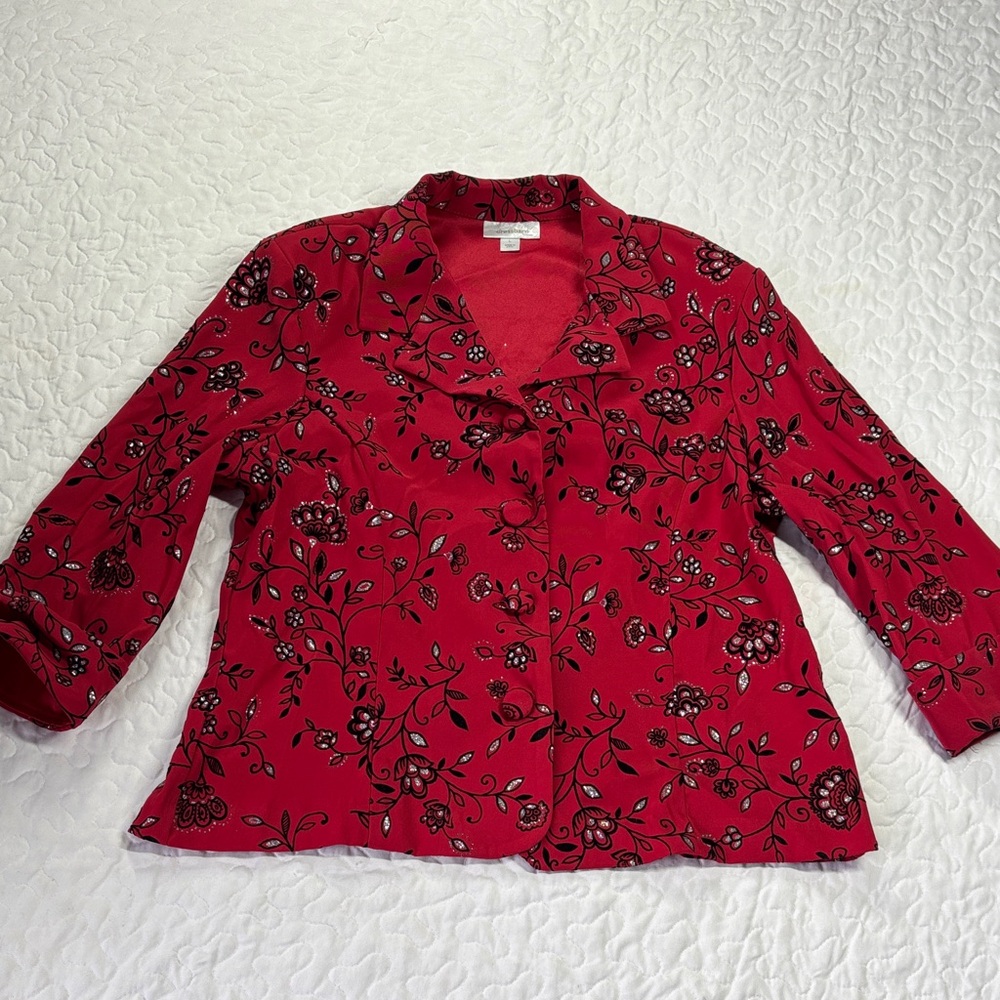 Dressbarn Deep Red Floral Blazer Jacket size Large
